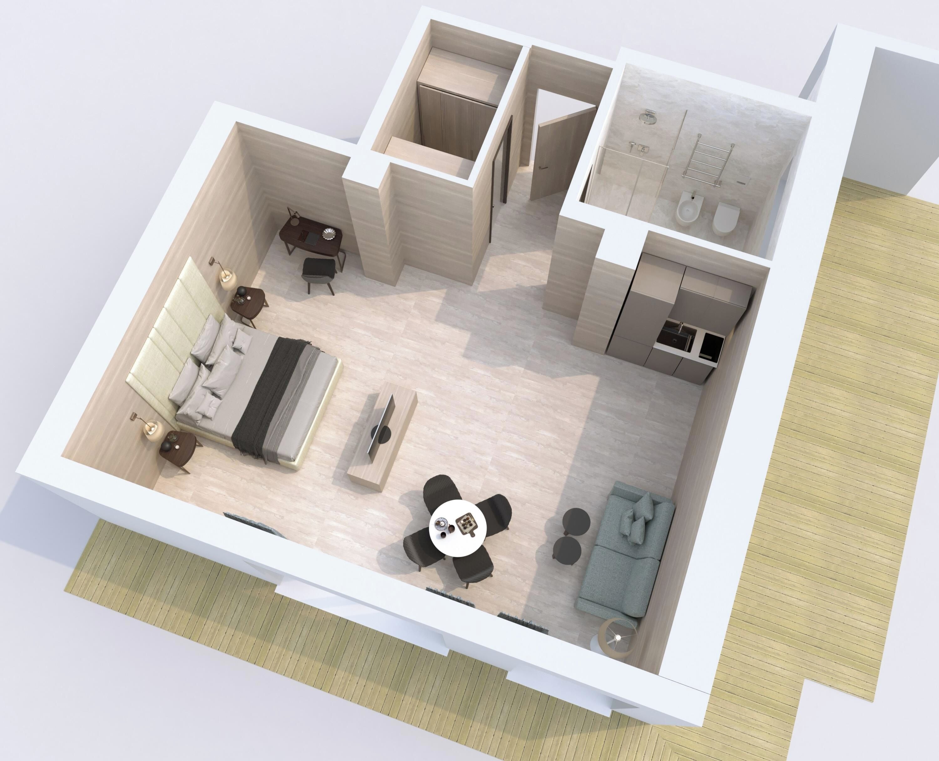 Una planimetria moderna di un appartamento con zona living, sala da pranzo, angolo cottura e bagno.