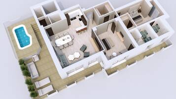Plano de planta en 3D de un apartamento moderno con piscina, comedor, sala de estar, dormitorio y baño.