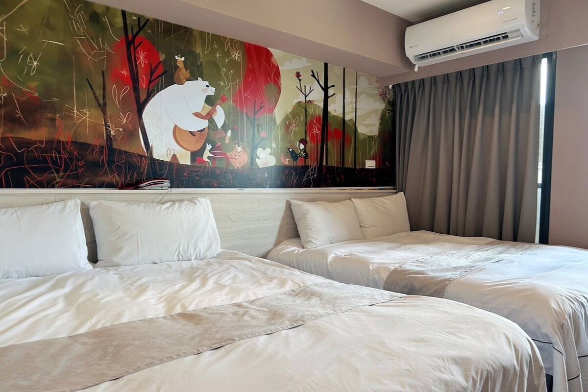 A hotel room with two beds, a large abstract painting on the wall, and an air conditioning unit.