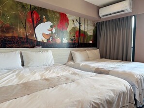A hotel room with two beds, a large abstract painting on the wall, and an air conditioning unit. - Dazz Inn (Taichung)