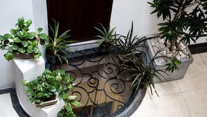 A circular planter with various potted plants, a decorative metal railing, and a stone wall with white pebbles. - Suriya Arana (Negombo)