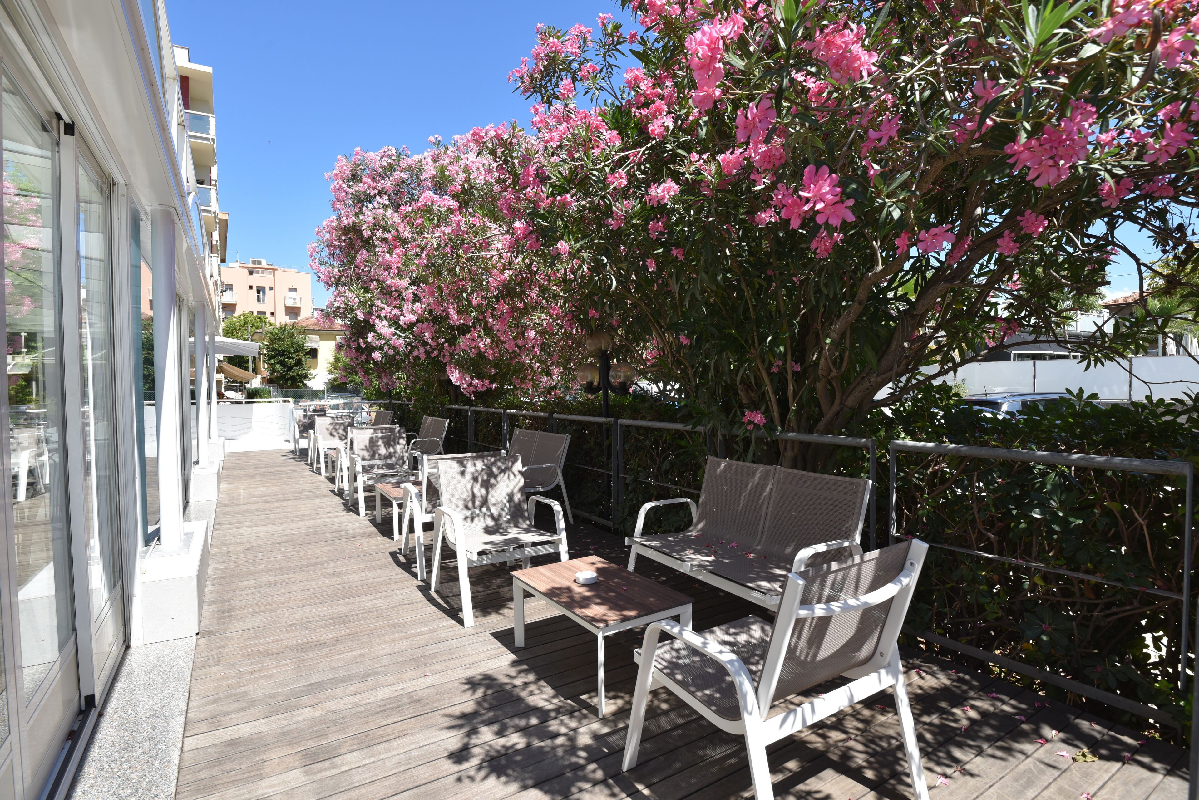 Un espace extérieur aménagé avec des tables et des chaises, une terrasse en bois et un grand arbre en fleurs.