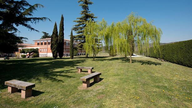 Un parque con bancos y árboles, un edificio al fondo y un cielo despejado.