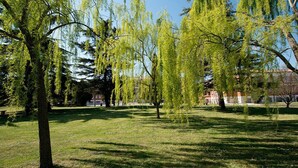 Un parque con árboles y un edificio al fondo.