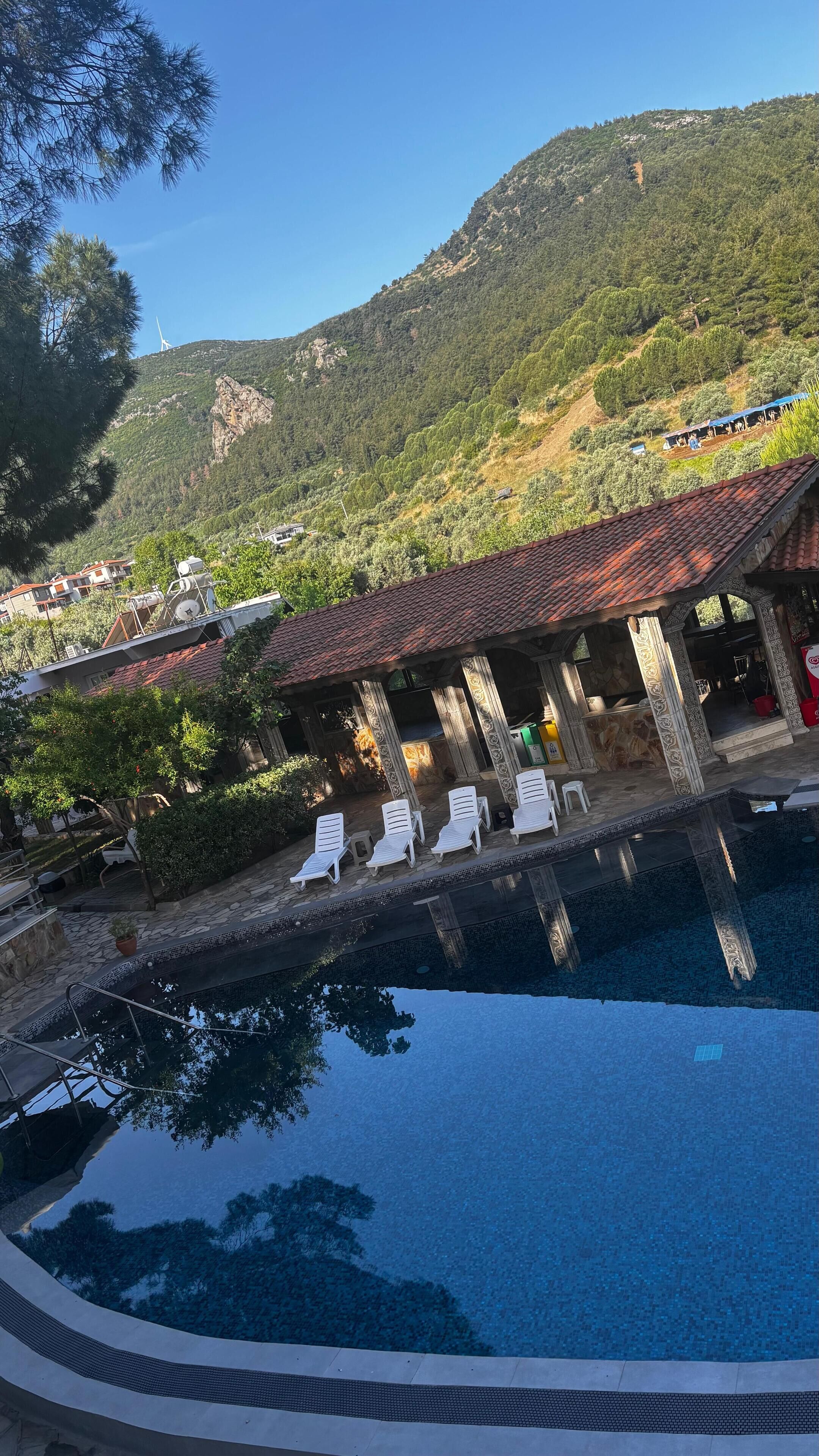 A swimming pool with lounge chairs, a covered seating area, and a mountainous backdrop.