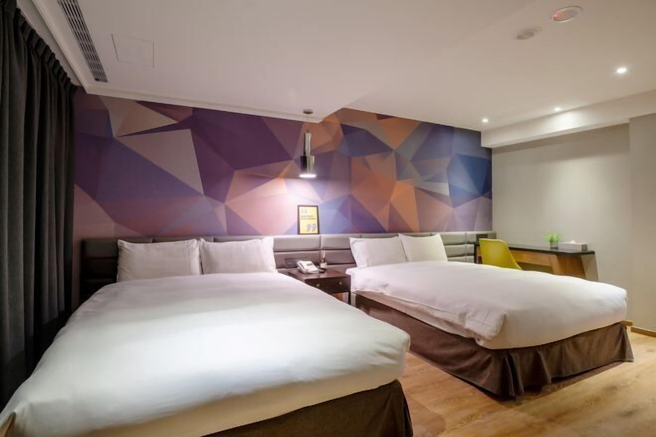 Desk, laptop workspace, blackout drapes, soundproofing