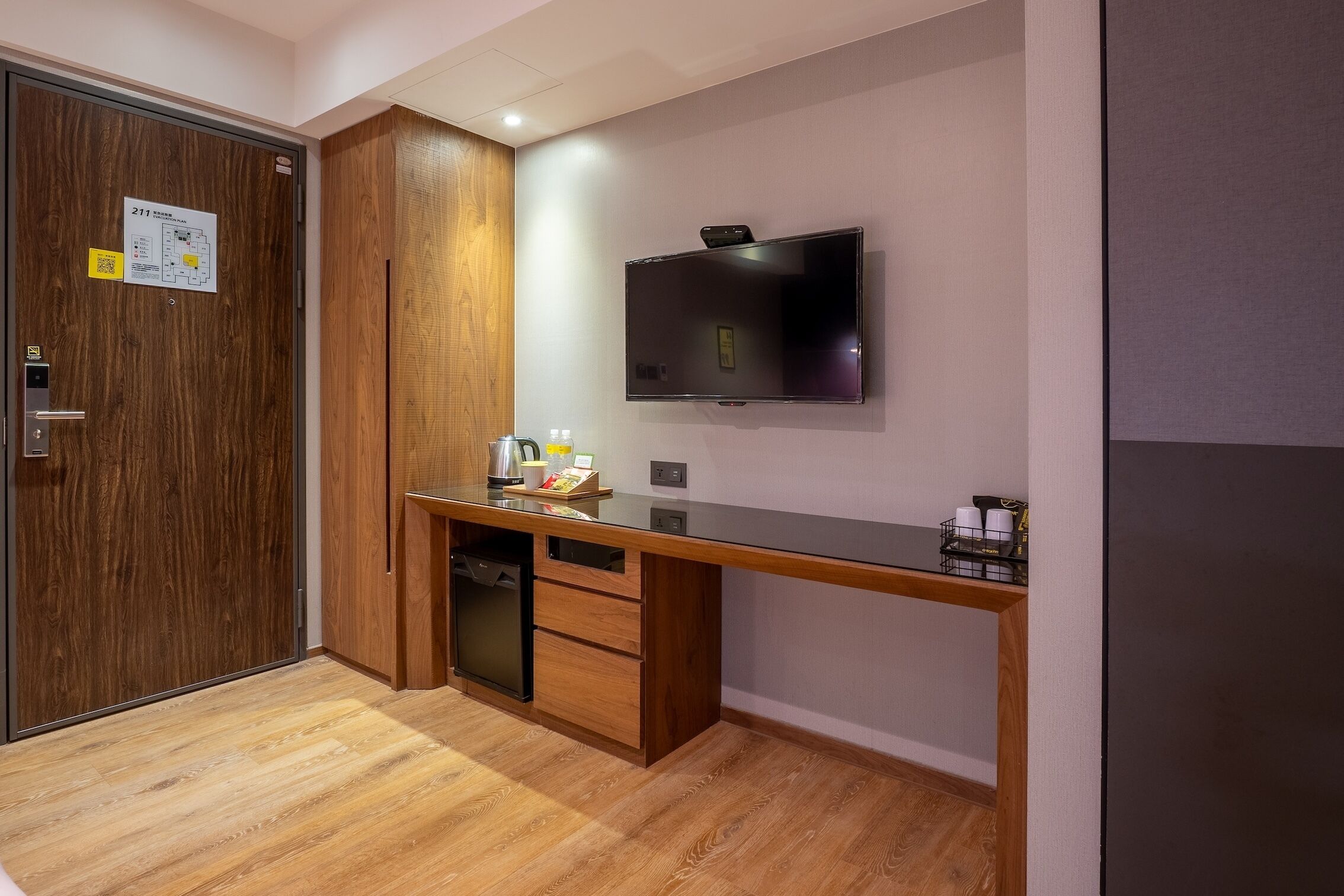 basic double room | desk, laptop workspace, blackout curtains, soundproofing