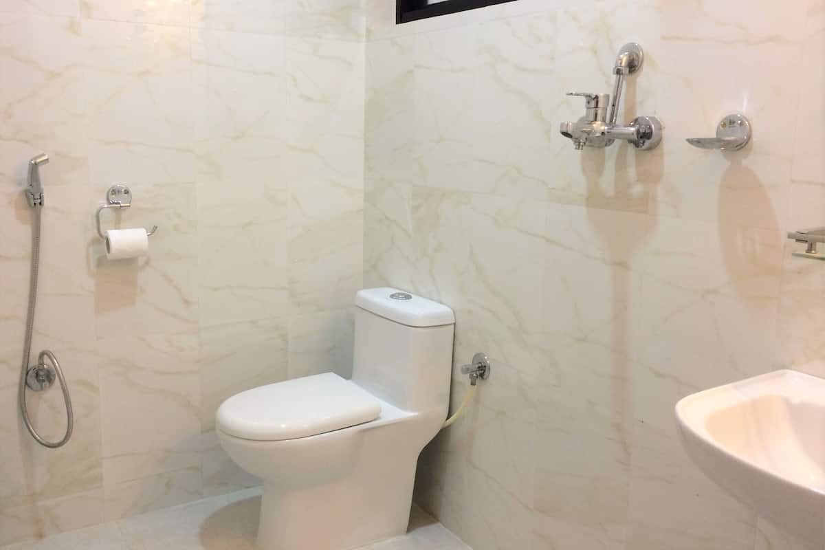 shower, free toiletries, slippers, bidet