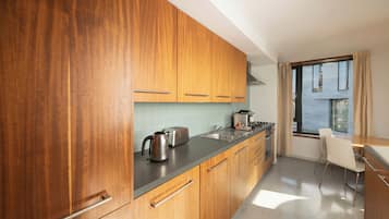 Full-sized fridge, microwave, oven, stovetop