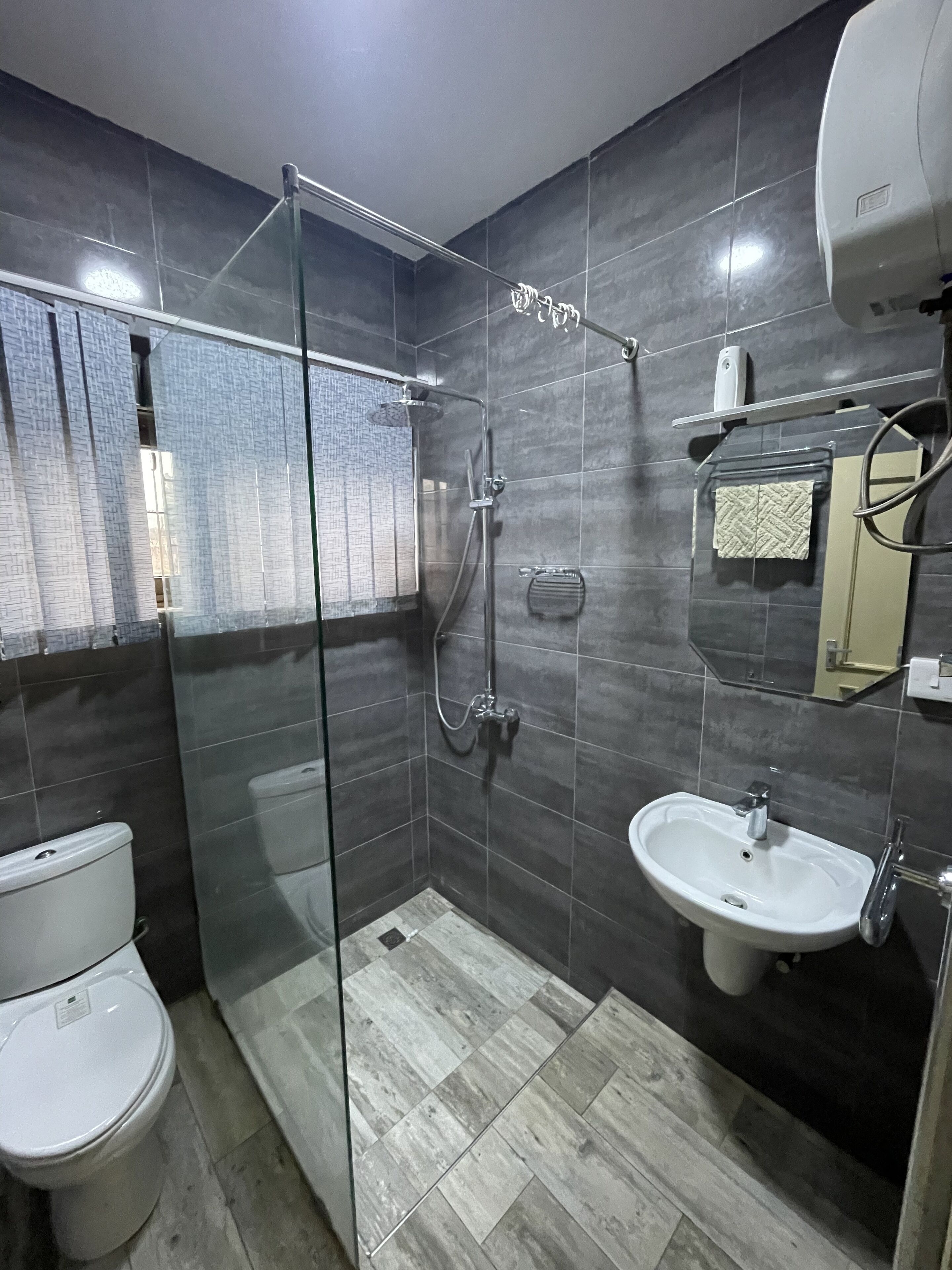 A modern bathroom with a glass-enclosed shower, a white toilet, and a sink with a mirror above it.
