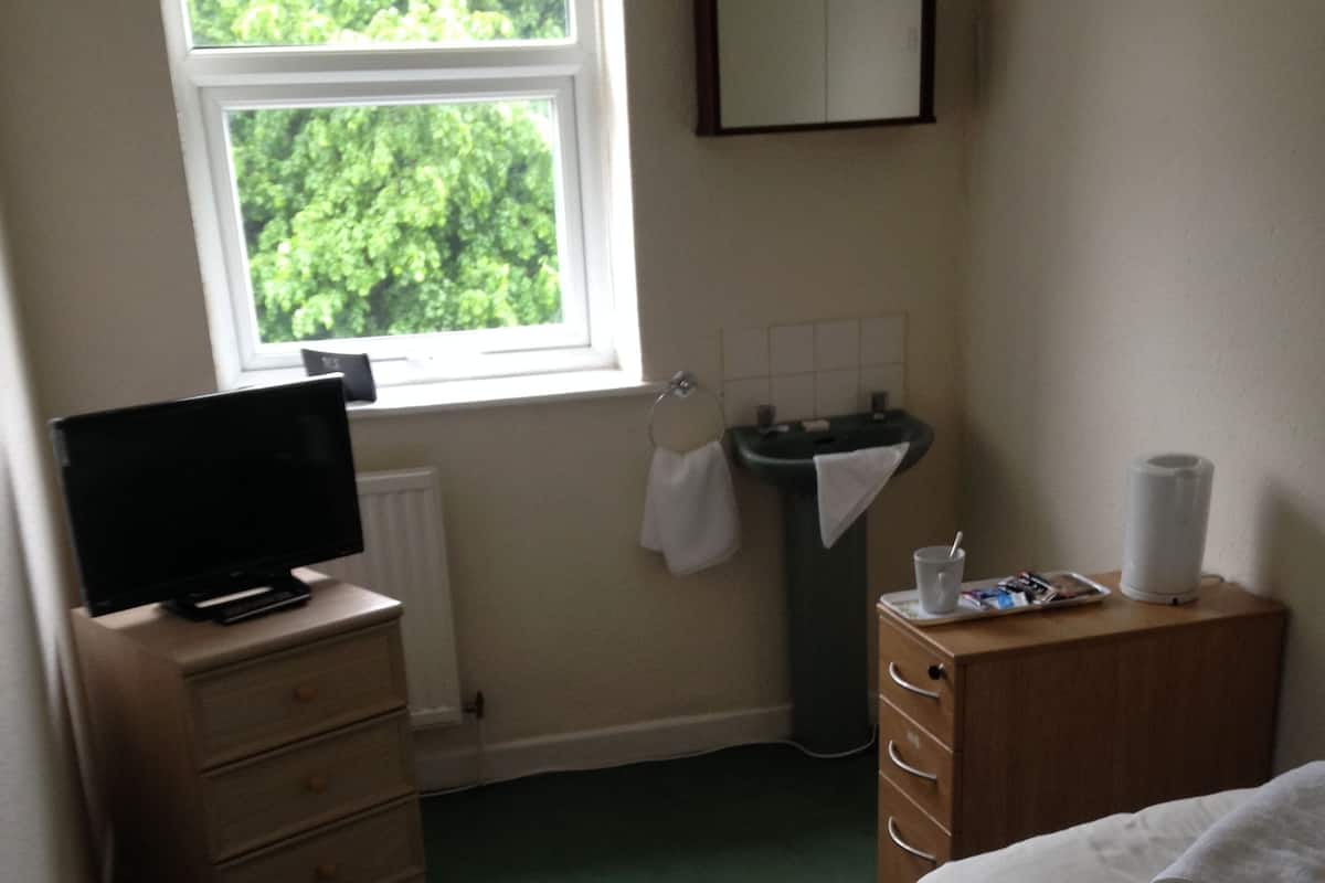 A small, well-lit room with a bed, a dresser, a television, a sink, and a window with a view of trees.