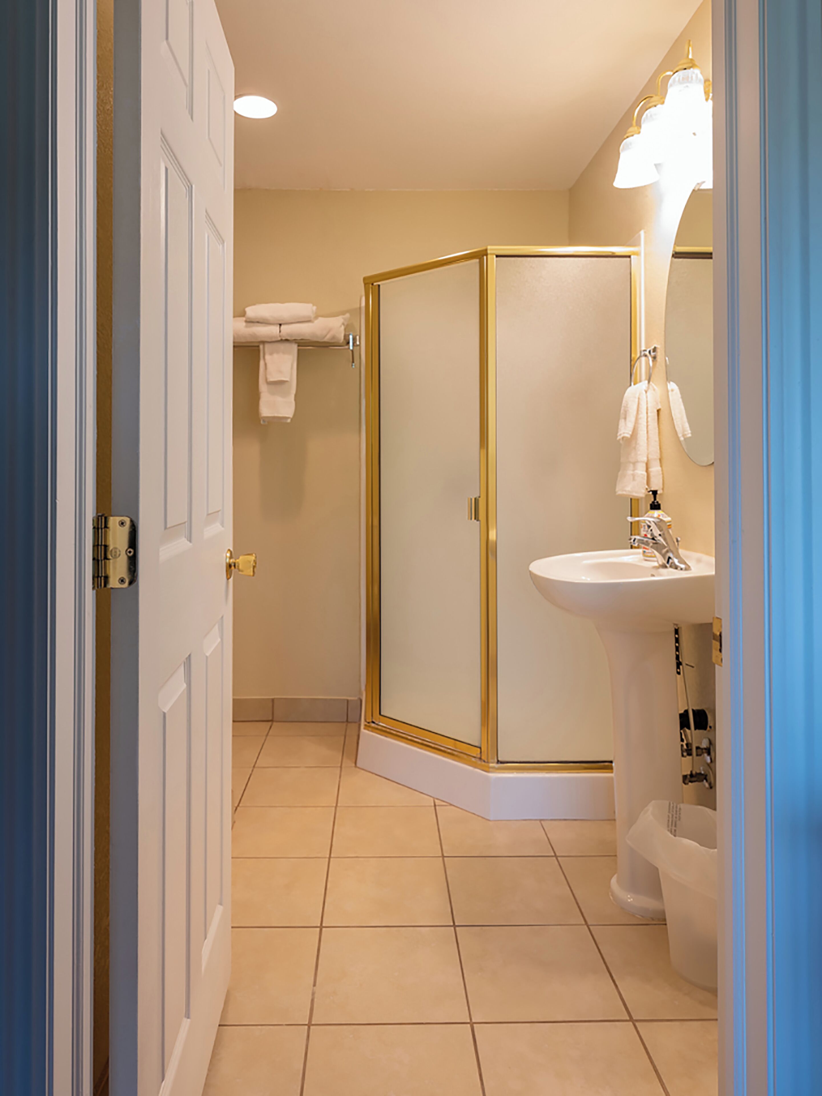 Une salle de bain avec une douche à l’italienne, un lavabo et un miroir.
