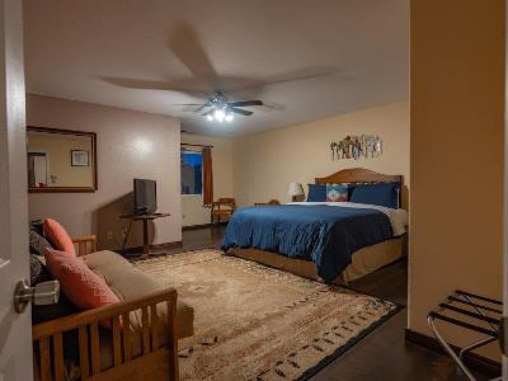 A bedroom with a bed, a ceiling fan, a television, and a chair.