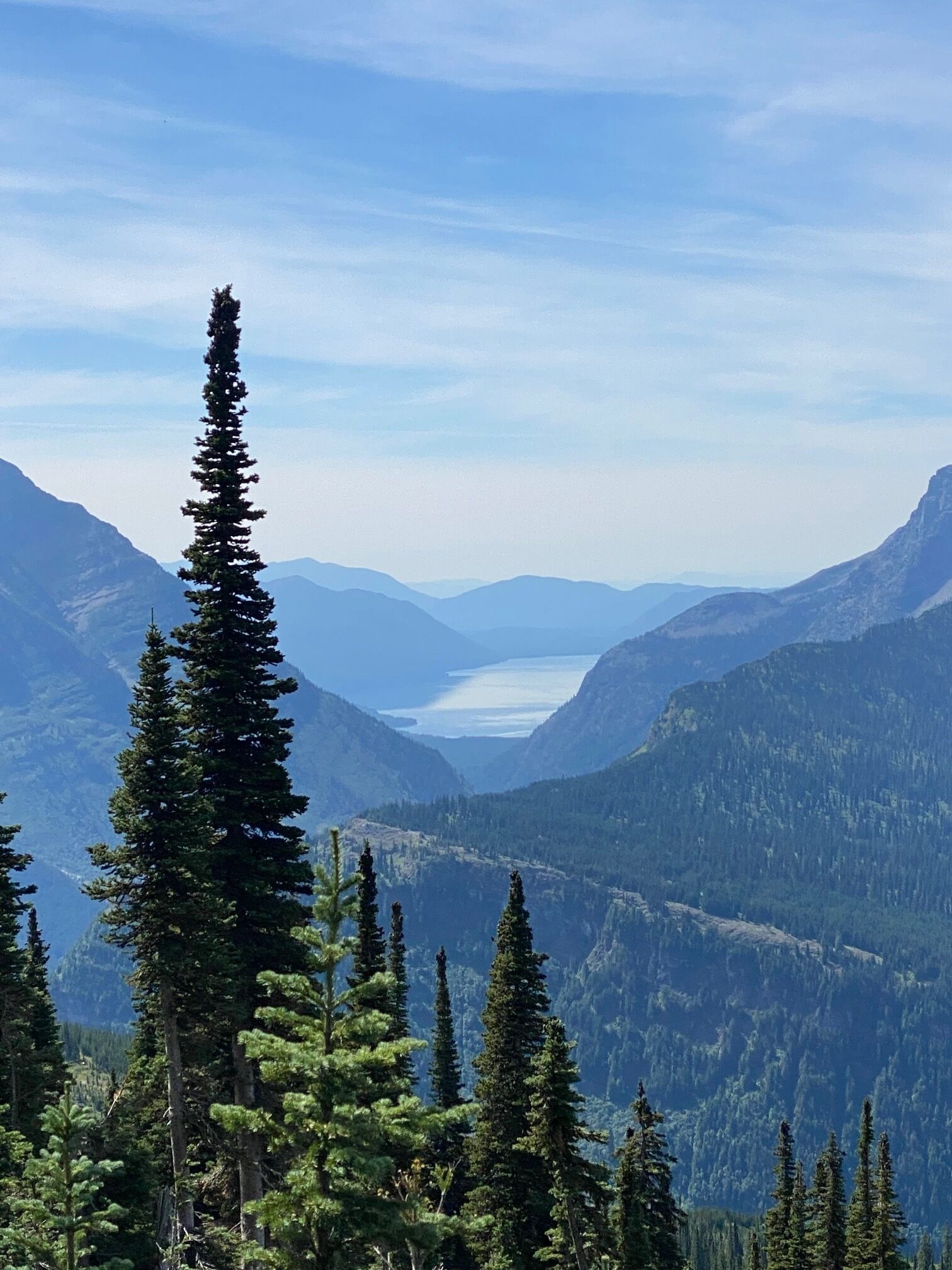 A mountainous landscape with dense forests and a visible lake.
