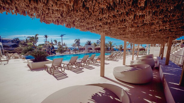 A poolside area with lounge chairs and a thatched roof structure. -  Loa Tolú by Bernalo Hotels (Tolú)