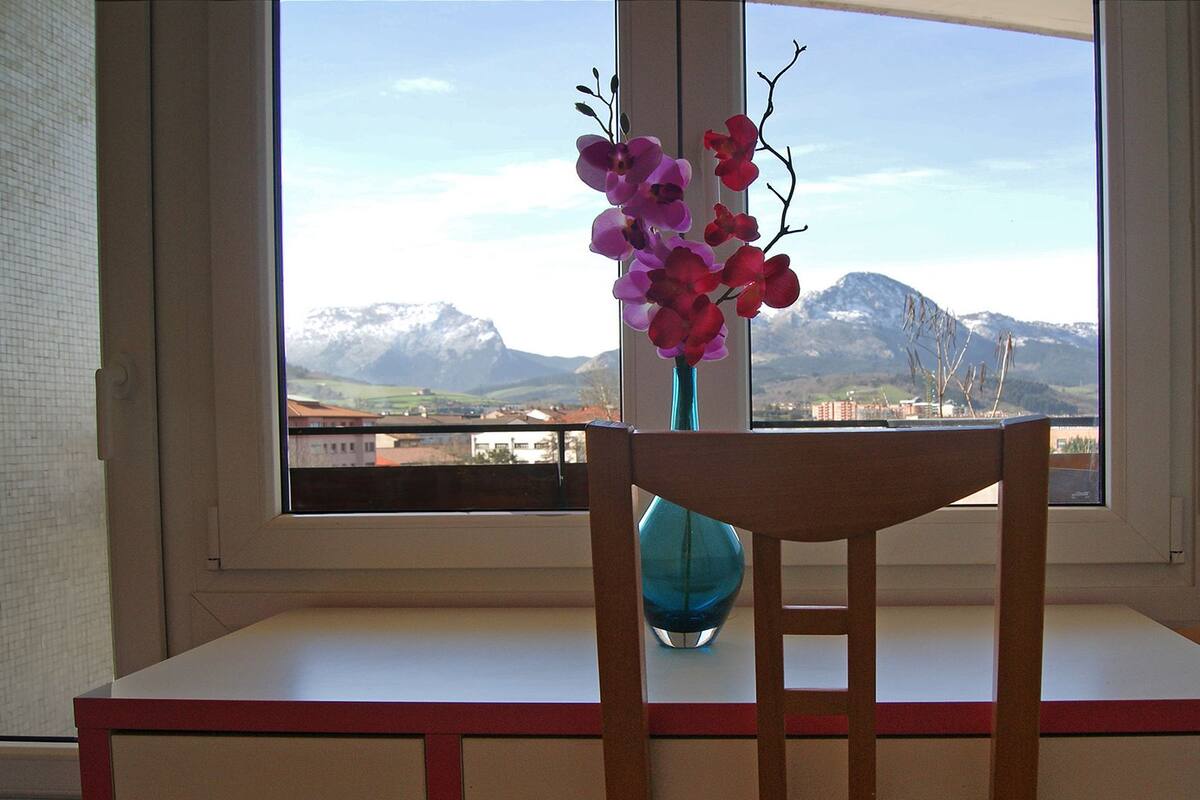 A window with a view of mountains and a vase with flowers on a window sill.