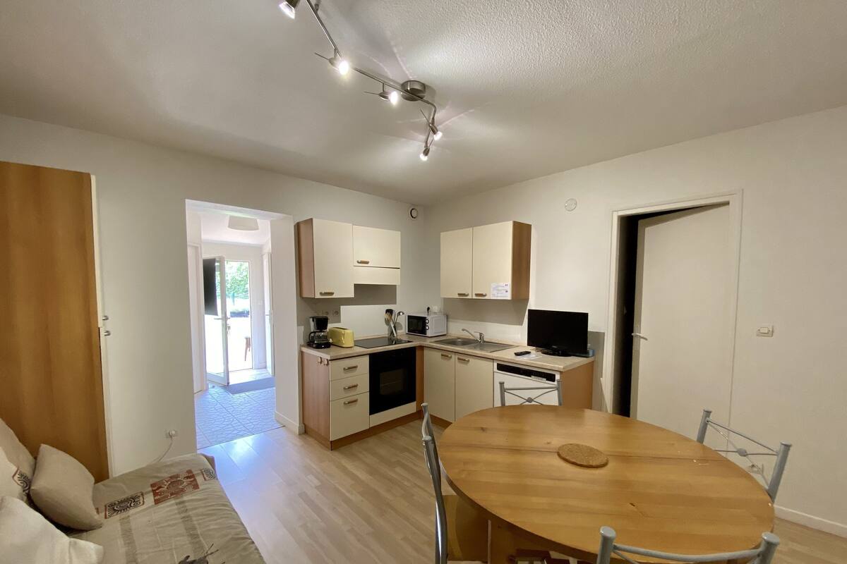 A compact living space with a kitchenette, a dining area, and a sofa.