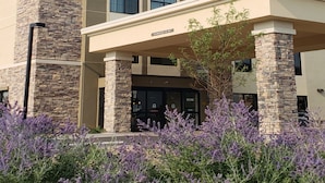 A Comfort Suites hotel with a stone facade, a covered entrance, and purple flowering plants in the foreground. - Comfort Suites Denver near Anschutz Medical Campus (Aurora)