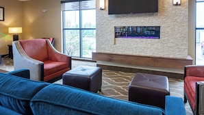 A hotel lobby with a large flat-screen TV mounted on a brick wall, a seating area with sofas and ottomans, and a large window providing a view of the outdoors. - Comfort Suites Denver near Anschutz Medical Campus (Aurora)