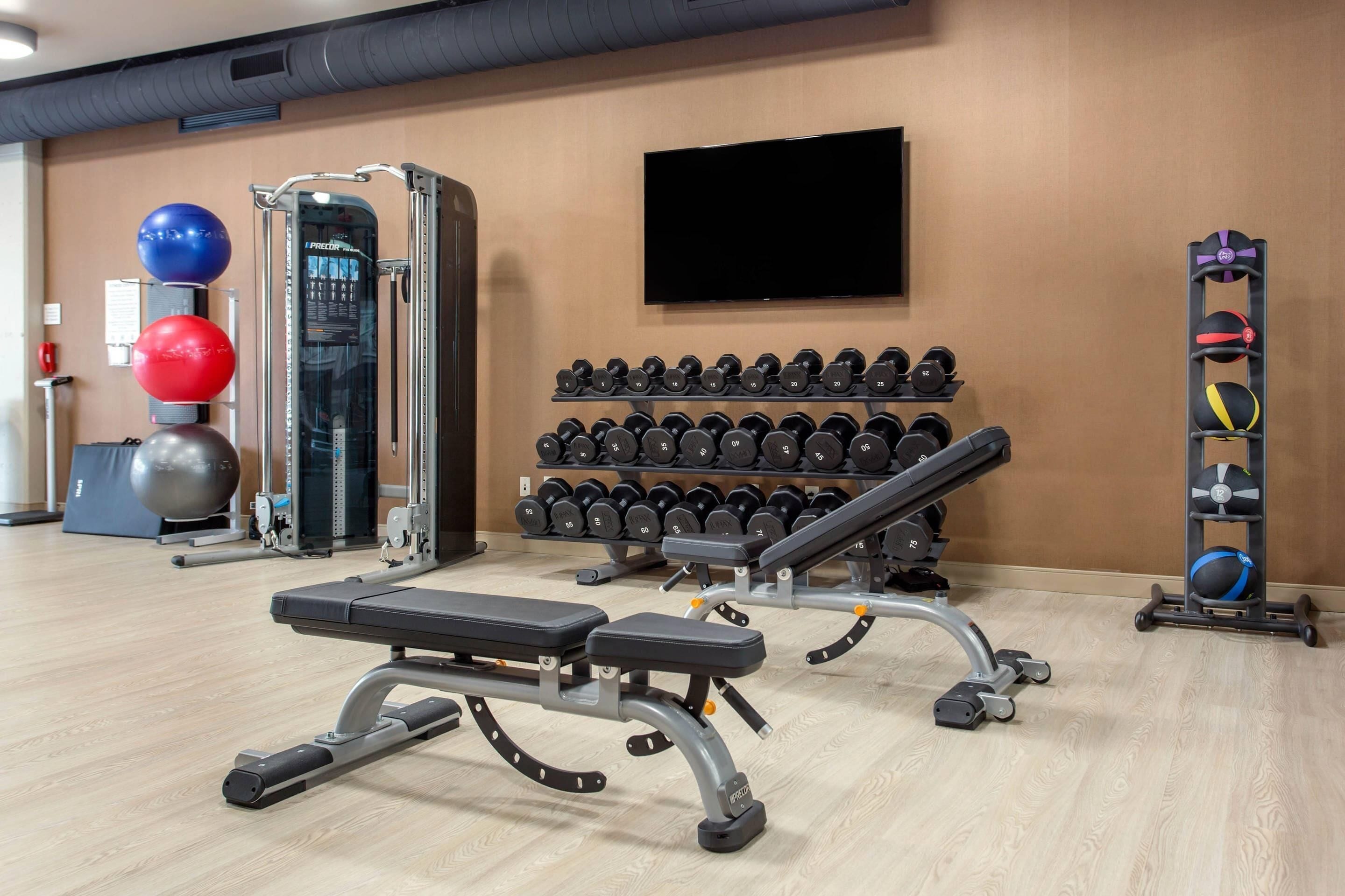A gym with weightlifting equipment, dumbbells, and exercise balls.