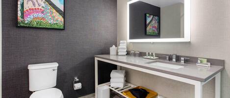 A modern bathroom with a toilet, a sink, a mirror, and a towel rack.