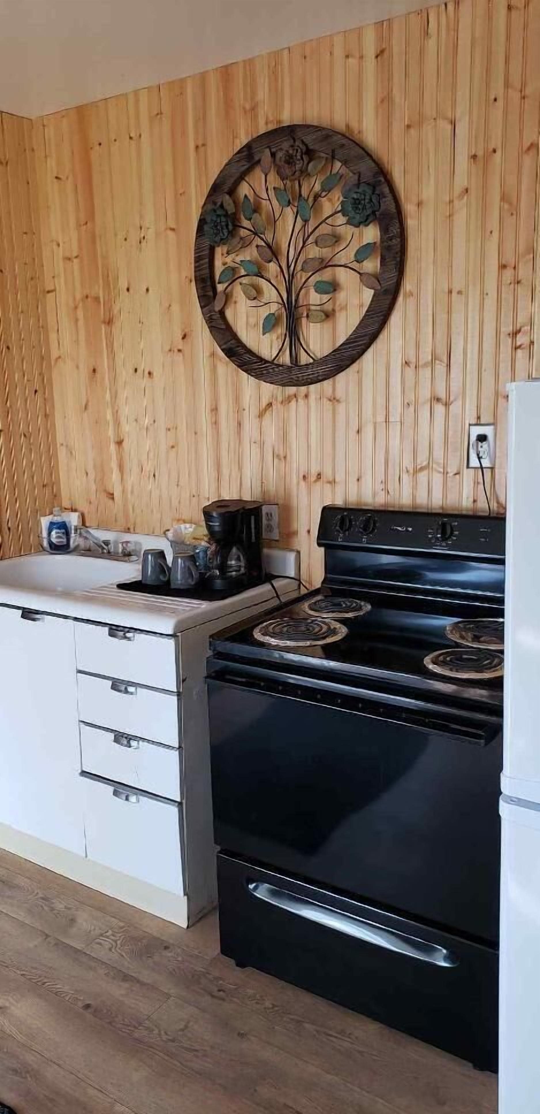 Una cocina con pared de madera, estufa, lavamanos y un adorno en la pared.