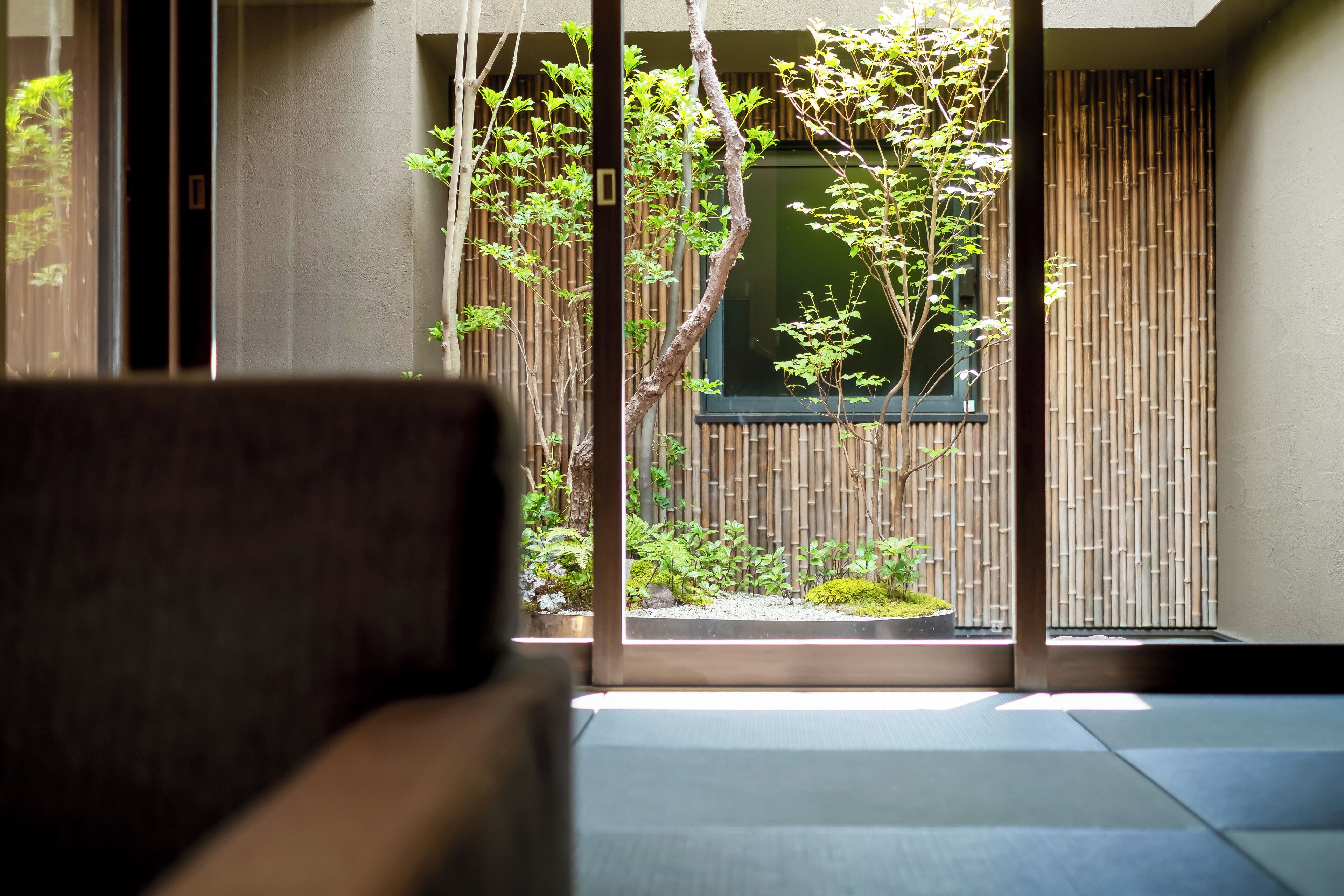 A room with a view of a bamboo fence and greenery outside.