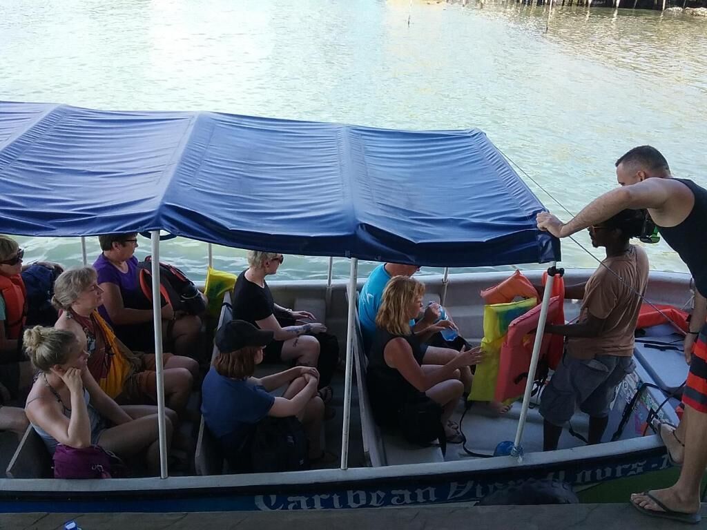 A boat with a blue canopy and passengers.