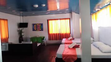 1 bedroom, desk, iron/ironing board, bed sheets