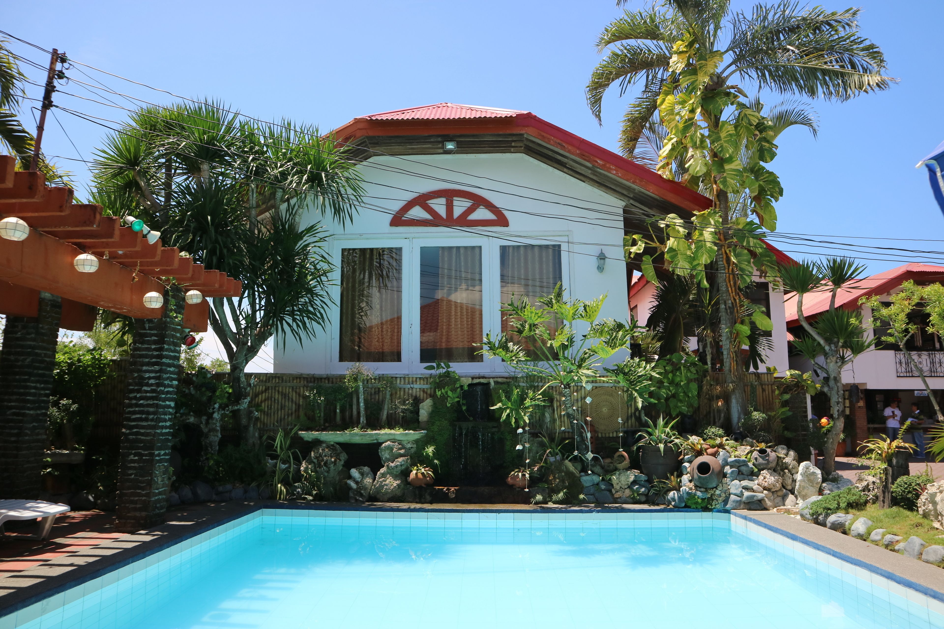 A house with a swimming pool, surrounded by tropical plants and palm trees.
