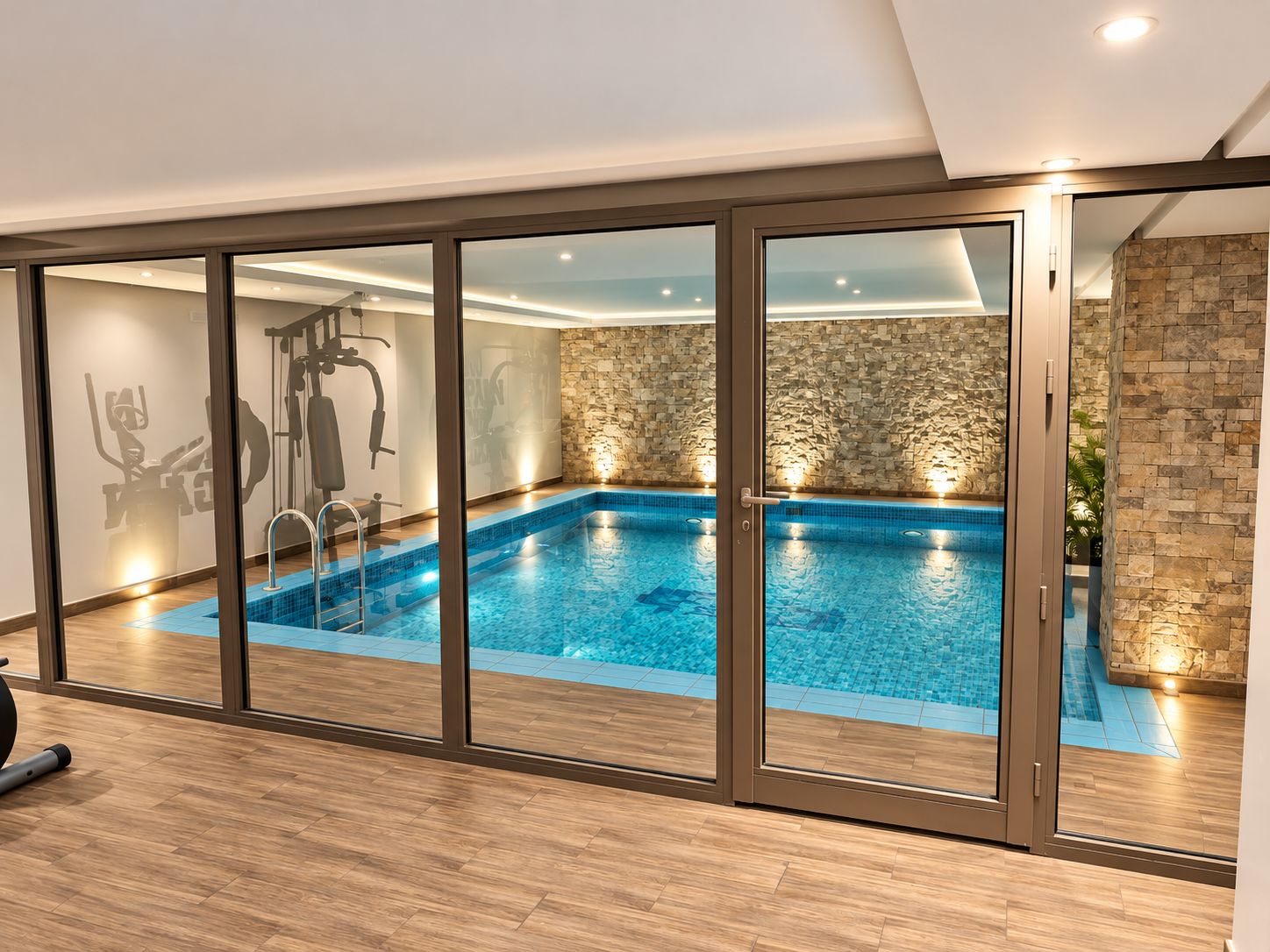 A modern indoor swimming pool with a stone wall and exercise equipment.