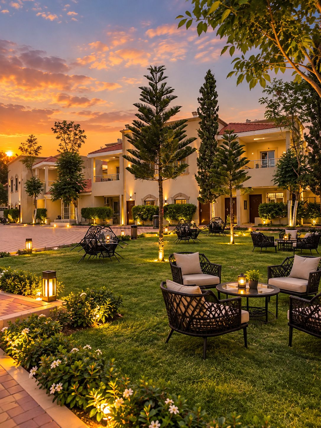 A hotel courtyard with outdoor seating and a sunset view.