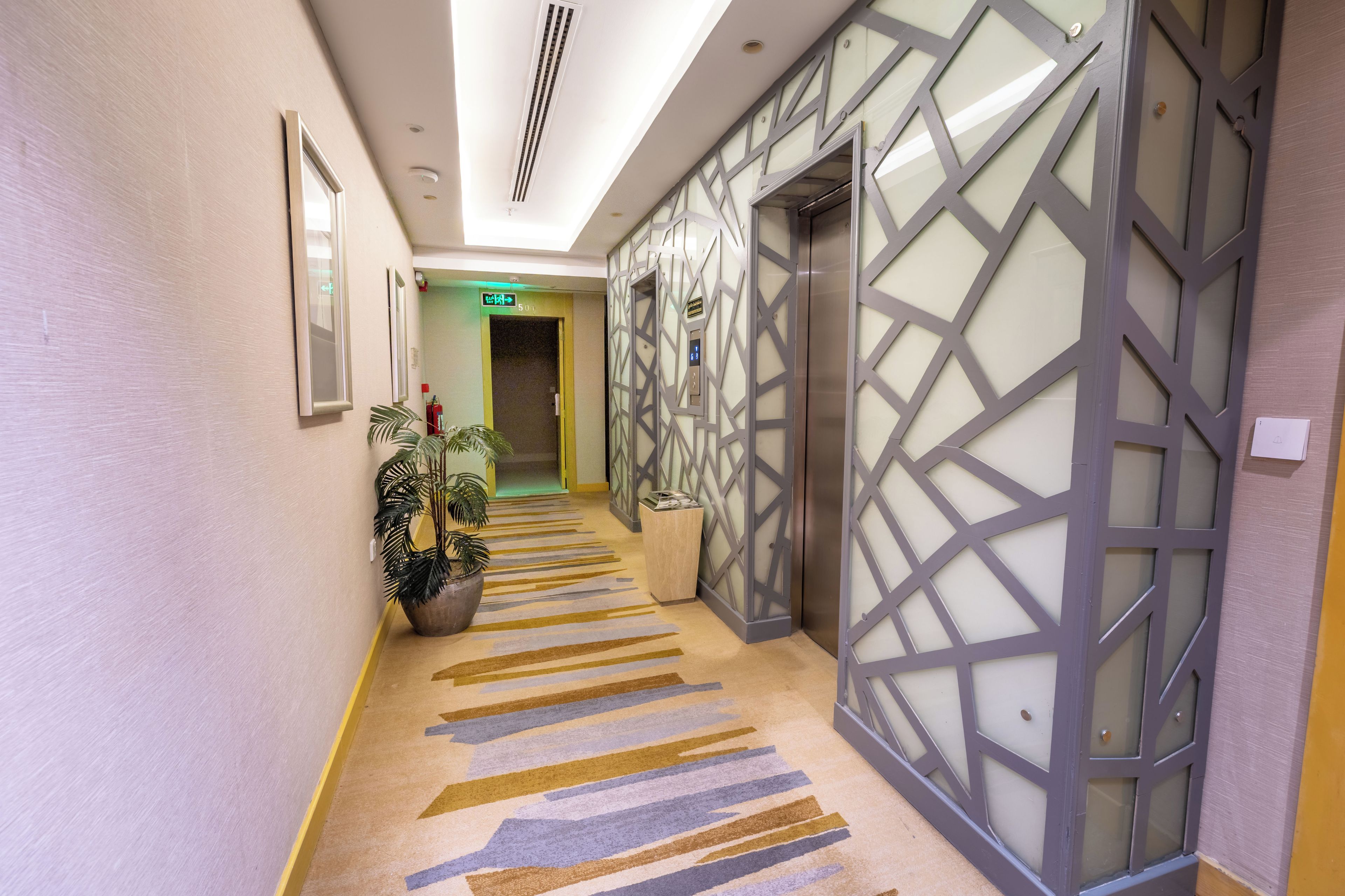 A hotel corridor with a patterned carpet, a potted plant, a fire extinguisher, and a glass elevator door.