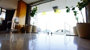 Un hall d’entrée spacieux, doté de grandes fenêtres, de plantes en pot et d’une étagère en métal.