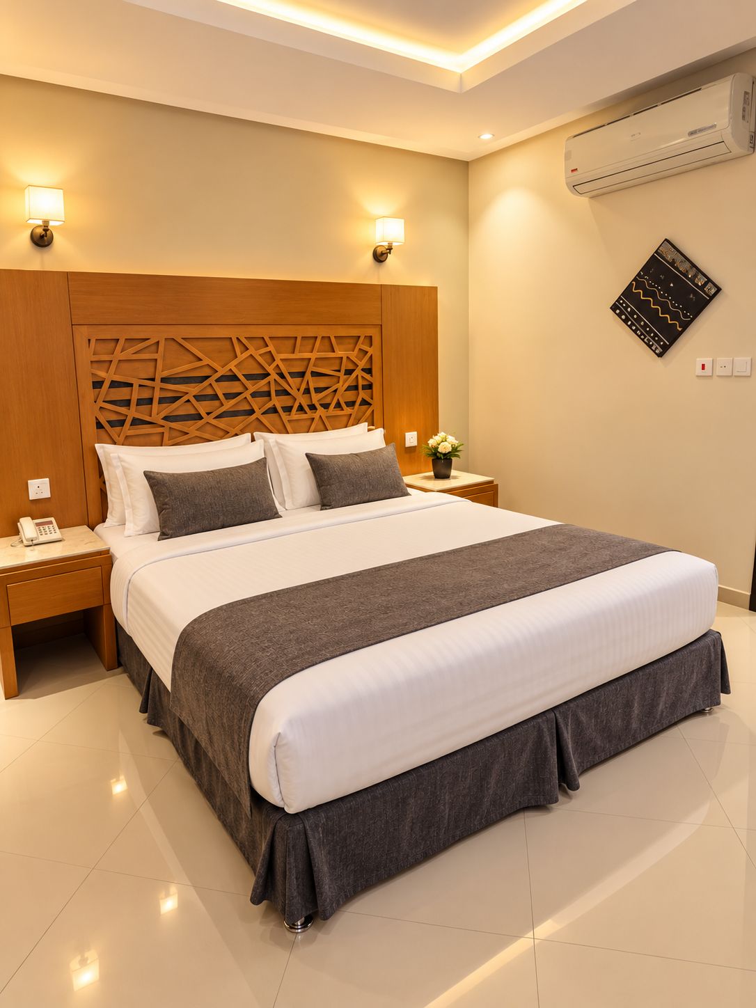 A hotel room with a large bed, bedside tables, a wall-mounted air conditioner, and a decorative wall piece.