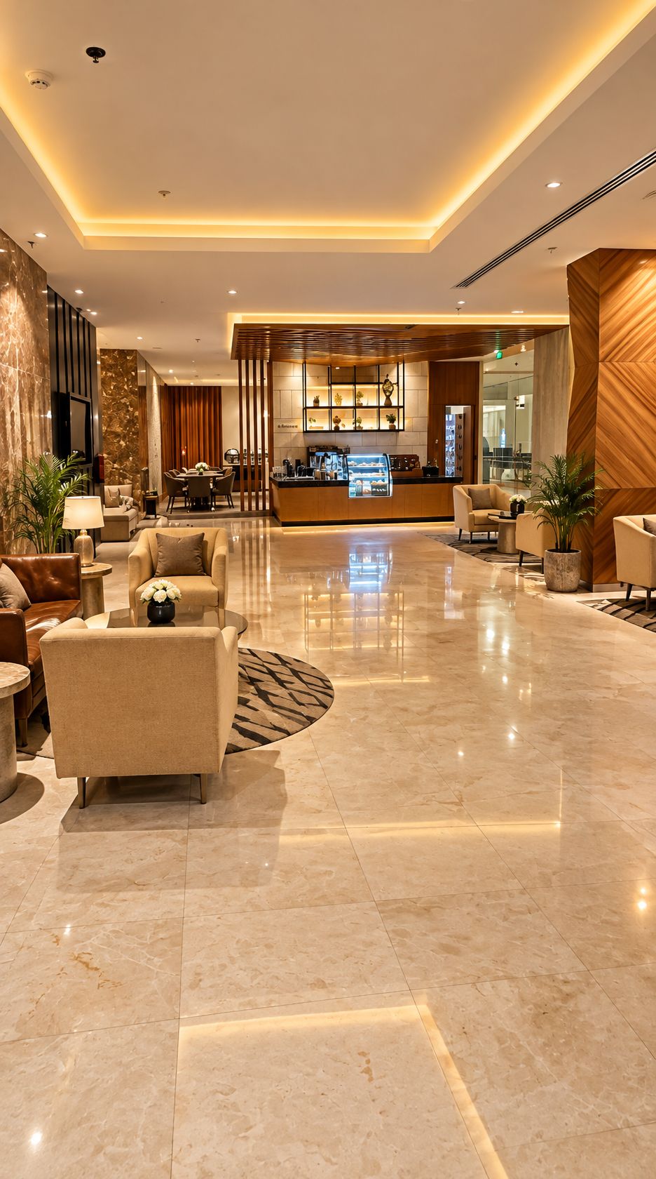 Um hall amplo com balcão de recepção, área de estar e cozinha ao fundo.