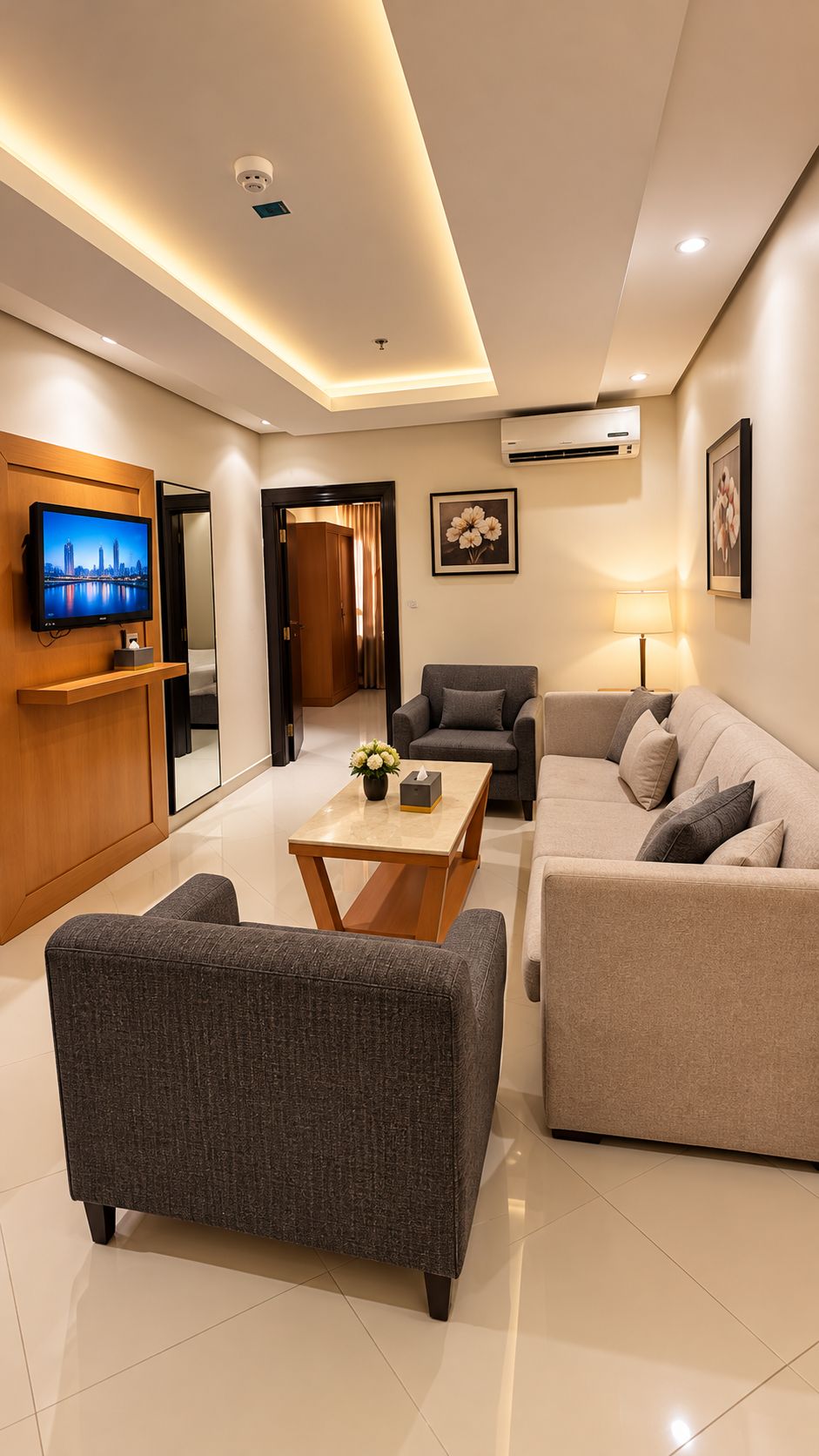 Uma sala de estar moderna com televisão de tela plana, sofá, mesa de centro e lareira.