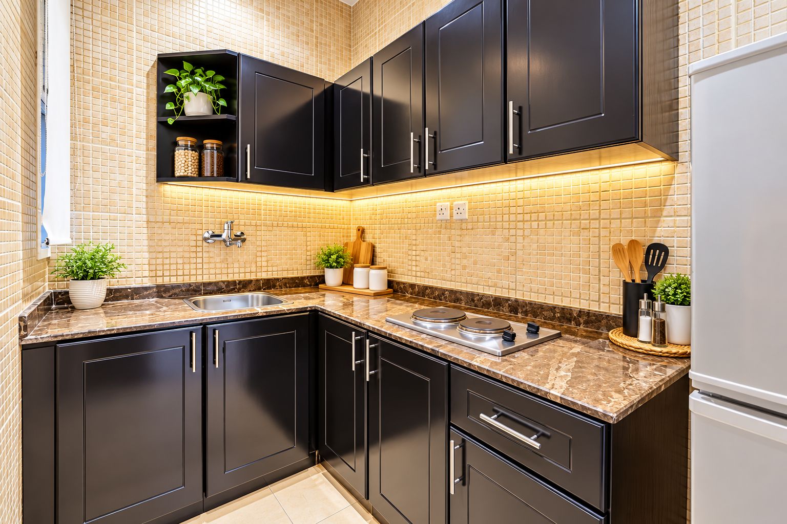 Una cocina moderna con armarios negros, encimera de mármol y horno empotrado.