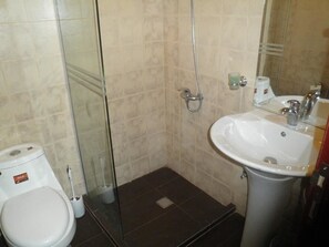 Shower, free toiletries, towels