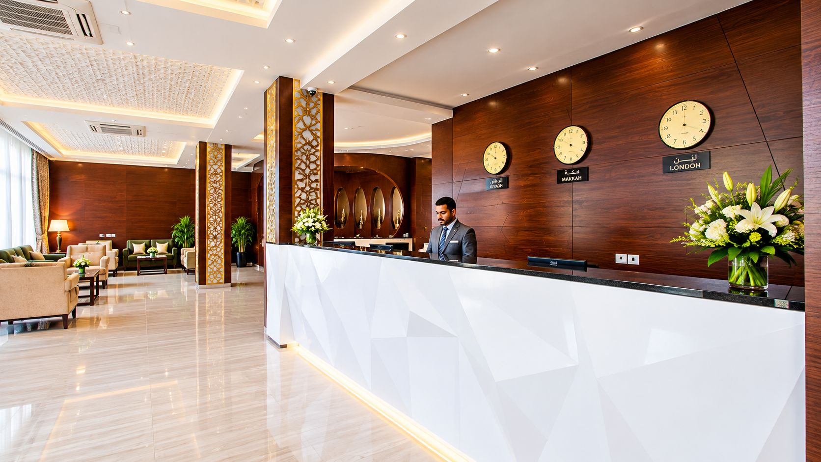 Zona de recepción de un hotel con mostrador, relojes mostrando horarios de diferentes zonas horarias y un área de estar con sofás y una mesa de centro.