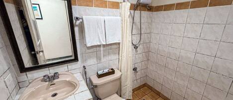 A bathroom with a sink, toilet, and shower.