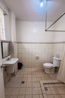 A bathroom with a sink, toilet, and shower area.