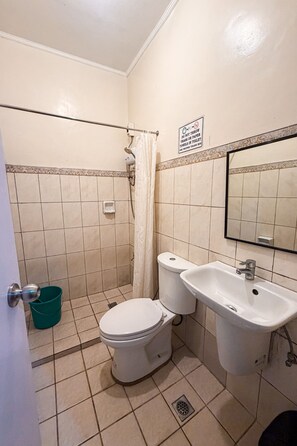 Casa de banho com sanita, lavatório, chuveiro e um aviso a não deitar lixo nem toalhas de papel na sanita.