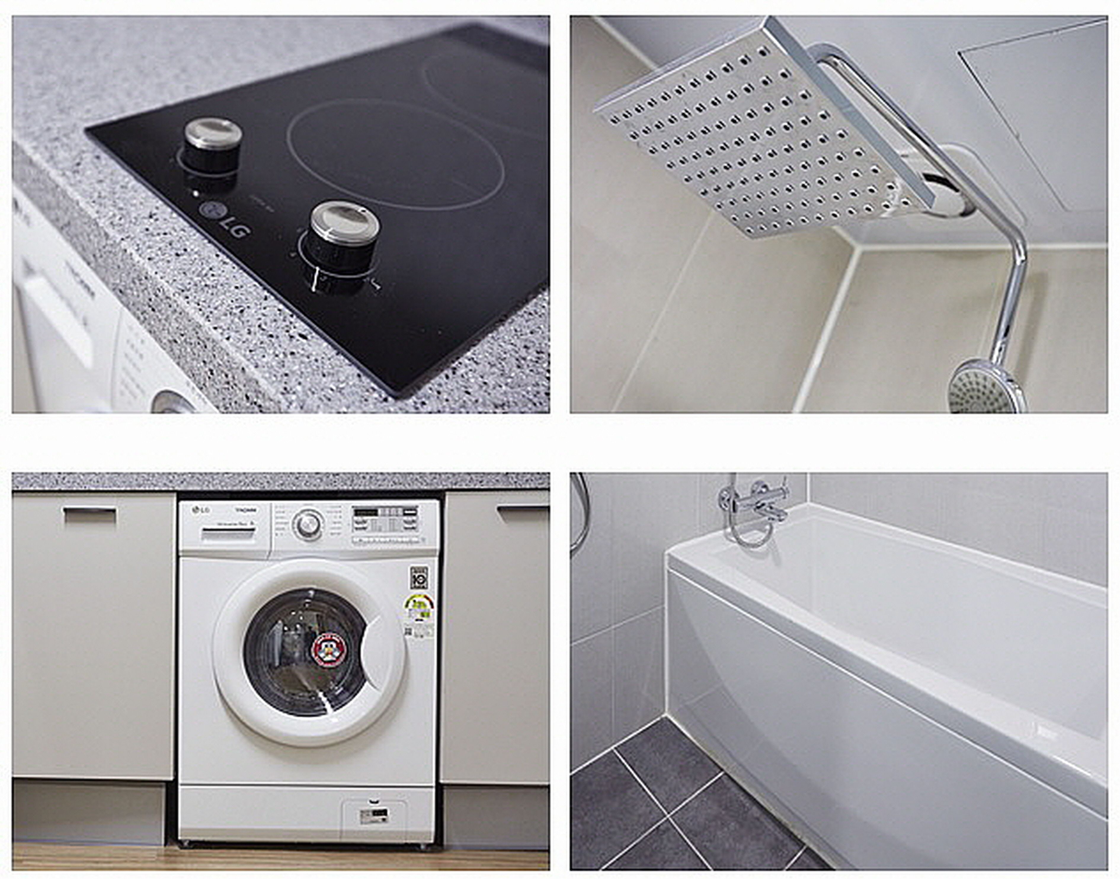 Een keuken met een fornuis, een douche met handdouche, een wasmachine en een bad.