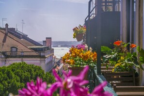 Un balcón con plantas en macetas y vista al mar.