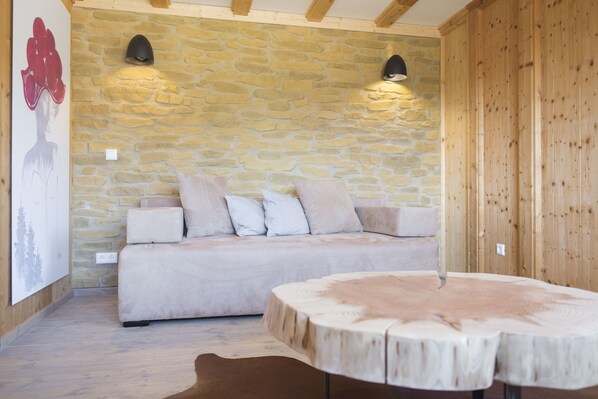 Departamento de diseñador, 2 habitaciones, vista a la montaña, junto a la montaña | Sala de estar | Televisión de pantalla plana de 41 pulgadas con canales vía satélite