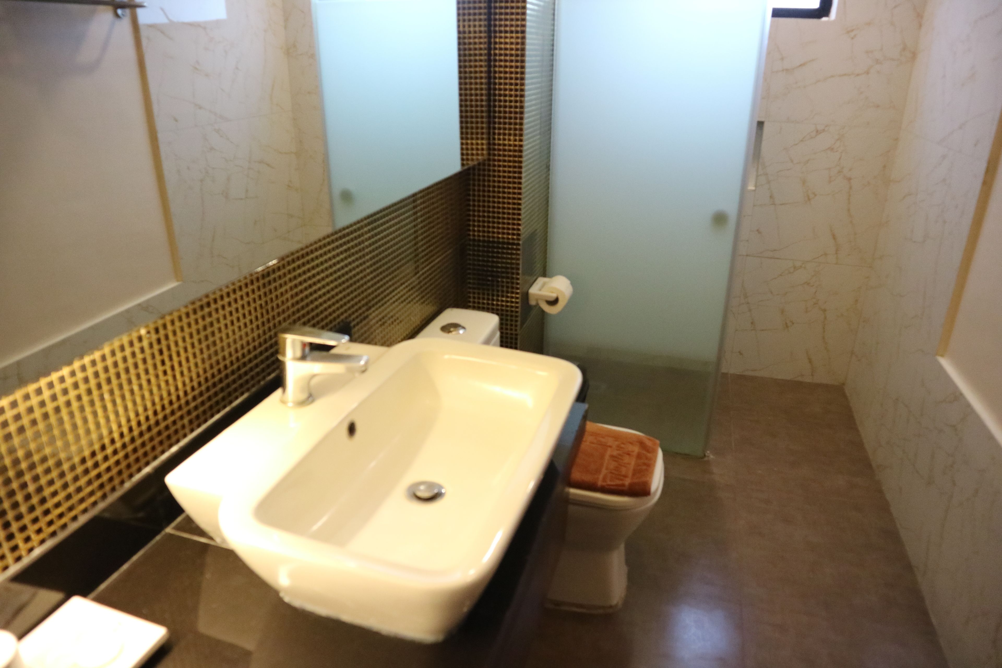 Une salle de bain avec un lavabo blanc, un miroir, des toilettes et un espace douche.