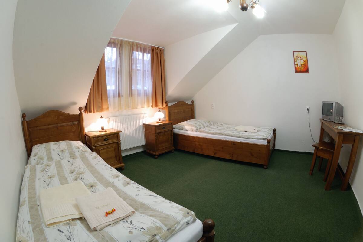 Un dormitorio con dos camas individuales, una mesita de noche de madera, un escritorio con silla, un radiador y una ventana con cortinas.