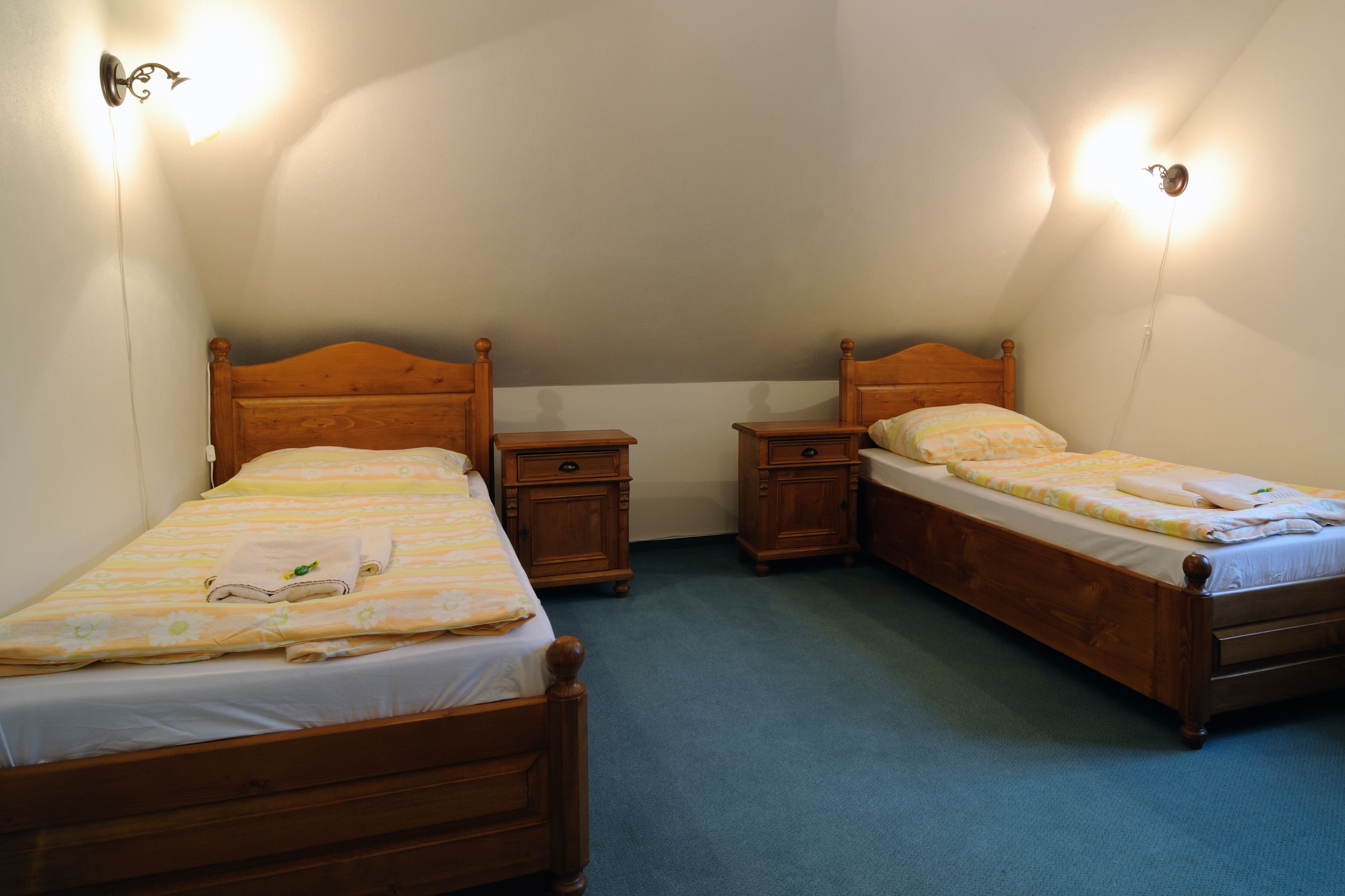 A room with two wooden beds, each with a nightstand and a wall-mounted lamp.