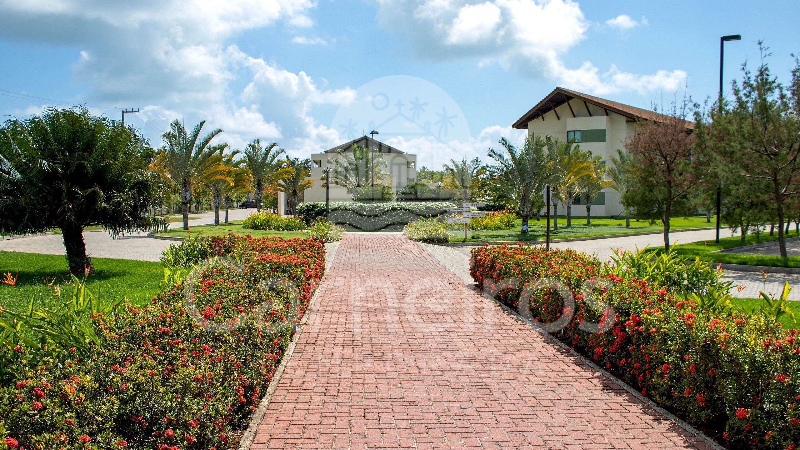 A paved pathway leading to a building with a flat roof and a small overhang.